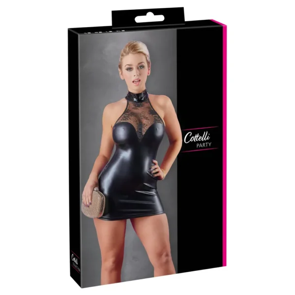 A packaging box for the Cottelli Party Wetlook Lace Dress shows a model in a black, shiny, halter-neck mini dress with lace details, holding a clutch against a grey background. The box is labelled "Cottelli Party Wetlook Lace Dress.