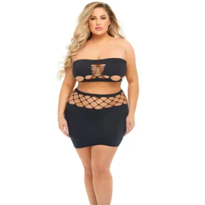 A woman with long, wavy blonde hair models the Pink Lipstick Plus Size Net Worth 2 Pcs Bandeau Set, a black, two-piece outfit with cut-outs, while standing against a plain white background.
