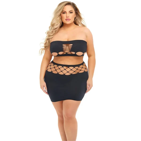 A woman with long, wavy blonde hair models the Pink Lipstick Plus Size Net Worth 2 Pcs Bandeau Set, a black, two-piece outfit with cut-outs, while standing against a plain white background.