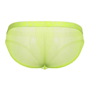 The Sukrew Acid Yellow Low-Rise Brief is a neon yellow, sheer mesh men's underwear with a wide textured elastic waistband. The semi-transparent, form-fitting design is shown from the back.