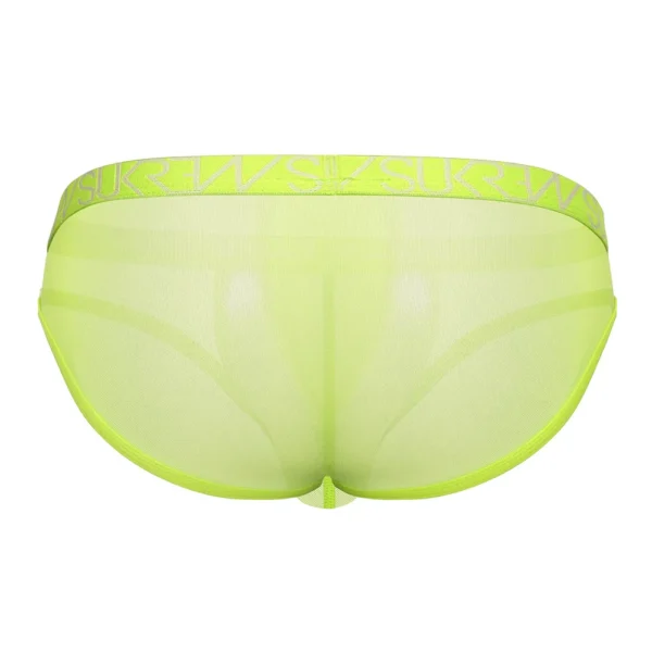 The Sukrew Acid Yellow Low-Rise Brief is a neon yellow, sheer mesh men's underwear with a wide textured elastic waistband. The semi-transparent, form-fitting design is shown from the back.