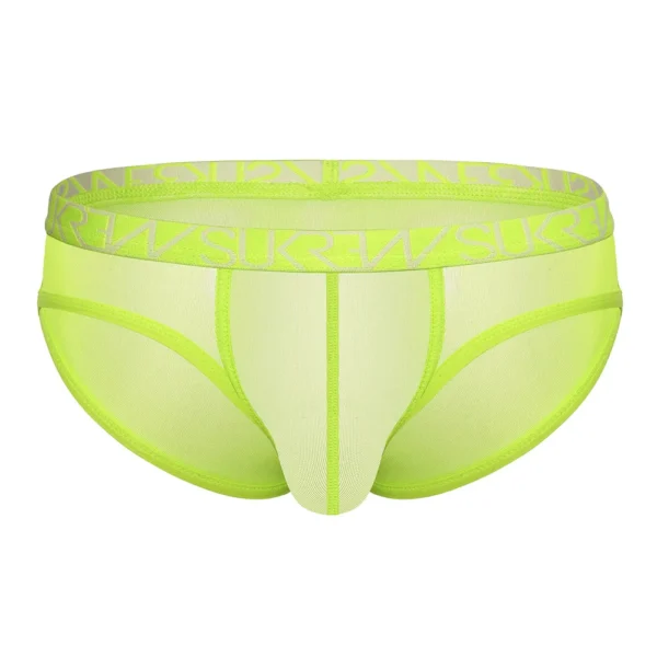 The Sukrew Acid Yellow Low-Rise Brief is a neon yellow men’s brief with a wide branded waistband, contrasting stitching, and a supportive front pouch.