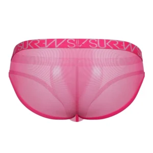 The Sukrew Electric Pink Low-Rise Brief features bright pink sheer mesh and a wide elastic waistband with the SUREW logo in bold. Shown from the back against a white background.