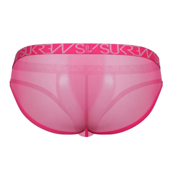 The Sukrew Electric Pink Low-Rise Brief features bright pink sheer mesh and a wide elastic waistband with the SUREW logo in bold. Shown from the back against a white background.