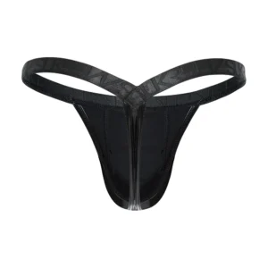 The Sukrew Fetish Black Wet Look Bubble Thong features a glossy V-shaped waistband, and slimmer bubble thong style, shown against a plain white background.