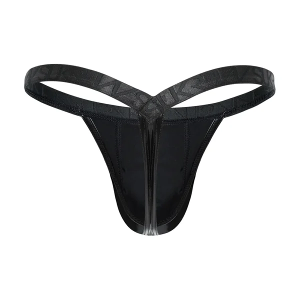 The Sukrew Fetish Black Wet Look Bubble Thong features a glossy V-shaped waistband, and slimmer bubble thong style, shown against a plain white background.