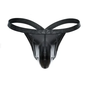 The Sukrew Fetish Black Wet Look Bubble Thong features a black, shiny finish with dual waistband straps and a contoured front pouch, shown against a white background.