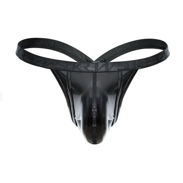 The Sukrew Fetish Black Wet Look Bubble Thong features a black, shiny finish with dual waistband straps and a contoured front pouch, shown against a white background.