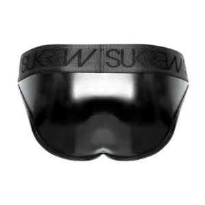 The Sukrew Fetish Black Wet Look Classic Brief features a glossy black finish and a wide elastic waistband with the "SUKREW" logo, shown from the back against a white background.