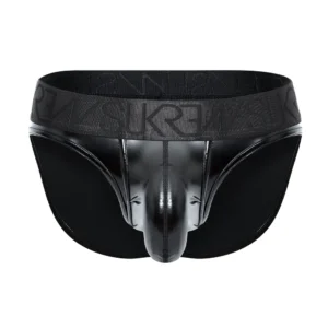 The Sukrew Fetish Black Wet Look Classic Brief is a men's black brief underwear with a shiny, contoured front pouch and a wide elastic waistband featuring the brand name in an embossed design.