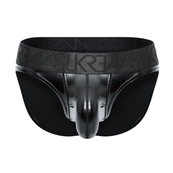 The Sukrew Fetish Black Wet Look Classic Brief is a men's black brief underwear with a shiny, contoured front pouch and a wide elastic waistband featuring the brand name in an embossed design.