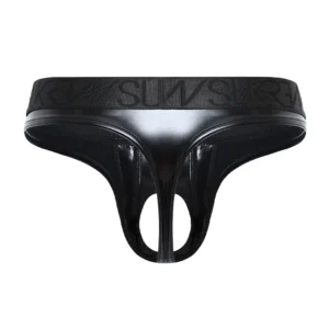 The Sukrew Fetish Black Wet Look U-Style Classic Thong shown from the back, it is men’s faux leather underwear featuring a shiny finish, wide embossed elastic waistband, and cut-out details for a bold look.