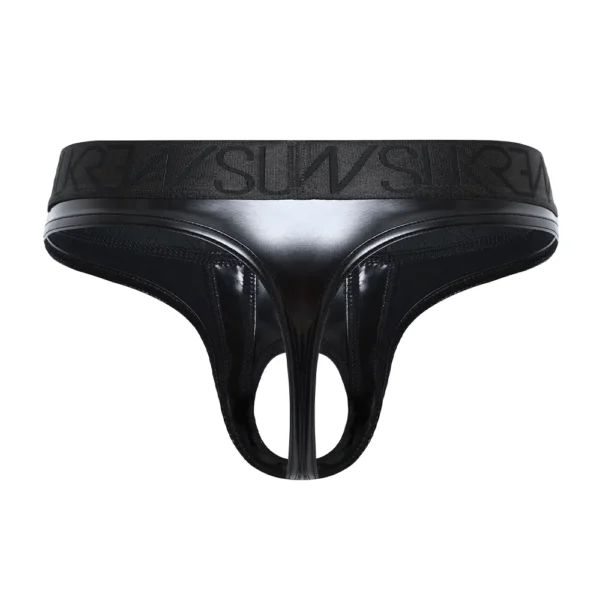 The Sukrew Fetish Black Wet Look U-Style Classic Thong shown from the back, it is men’s faux leather underwear featuring a shiny finish, wide embossed elastic waistband, and cut-out details for a bold look.