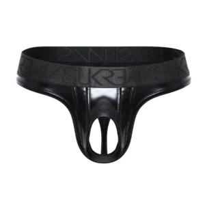 The Sukrew Fetish Black Wet Look U-Style Classic Thong is a shiny black faux leather thong with a wide elastic waistband and a cut-out front opening at the pouch.