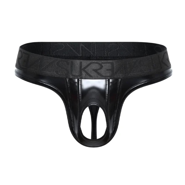 The Sukrew Fetish Black Wet Look U-Style Classic Thong is a shiny black faux leather thong with a wide elastic waistband and a cut-out front opening at the pouch.