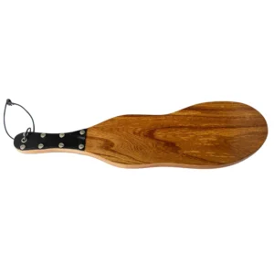 The back of the Wooden Boot Imprint Paddle features a rounded wooden blade, a handle reinforced with a black faux leather strap and metal rivets, plus a black cord loop on the handle for convenient hanging.