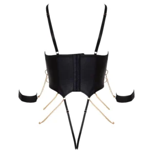 The Cottelli Bondage Crotchless Body is a black faux leather basque style body with adjustable shoulder straps, gold chains, side arm bands, two front suspender straps, shown from the back side.