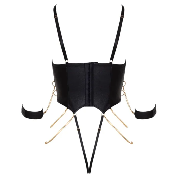 The Cottelli Bondage Crotchless Body is a black faux leather basque style body with adjustable shoulder straps, gold chains, side arm bands, two front suspender straps, shown from the back side.