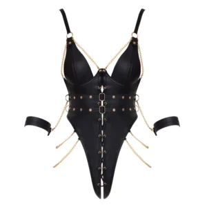 The Cottelli Bondage Crotchless Body is a black faux leather strappy bodysuit with gold chain details, high-cut legs, and matching arm cuffs, shown on a white background.