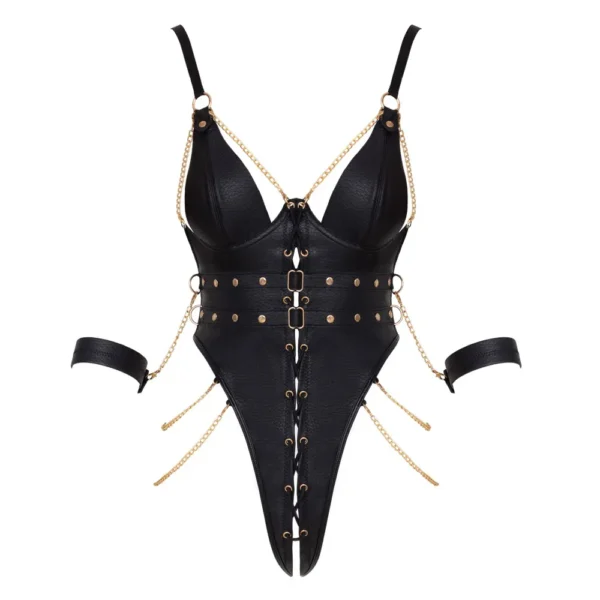 The Cottelli Bondage Crotchless Body is a black faux leather strappy bodysuit with gold chain details, high-cut legs, and matching arm cuffs, shown on a white background.