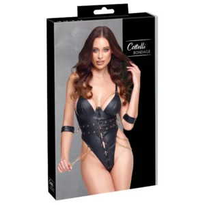 A product box for the Cottelli Bondage Crotchless Body shows a woman in a black faux leather bondage bodysuit with gold chains, lace-up details, and matching cuffs; the "Cottelli Bondage" brand name appears in the top right corner.