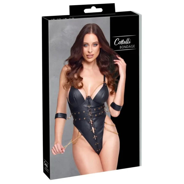 A product box for the Cottelli Bondage Crotchless Body shows a woman in a black faux leather bondage bodysuit with gold chains, lace-up details, and matching cuffs; the "Cottelli Bondage" brand name appears in the top right corner.