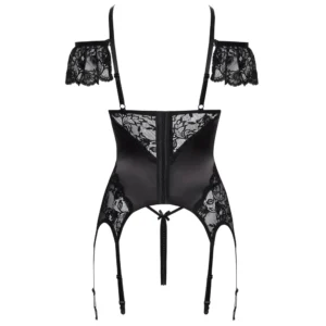 Back view of the Cottelli Lingerie Basque and Crotchless String Set in black, featuring satin panels, suspender straps, floral lace side details, and off-shoulder lace sleeves.