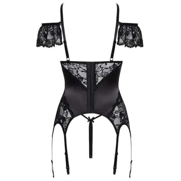 Back view of the Cottelli Lingerie Basque and Crotchless String Set in black, featuring satin panels, suspender straps, floral lace side details, and off-shoulder lace sleeves.