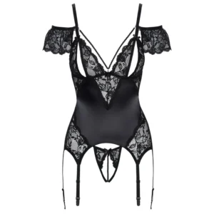 Front view of the Cottelli Lingerie Basque and Crotchless String Set features sheer black lace, off-shoulder lace sleeves, adjustable straps, attached suspender straps, floral lace patterns, and a seductive revealing cut.