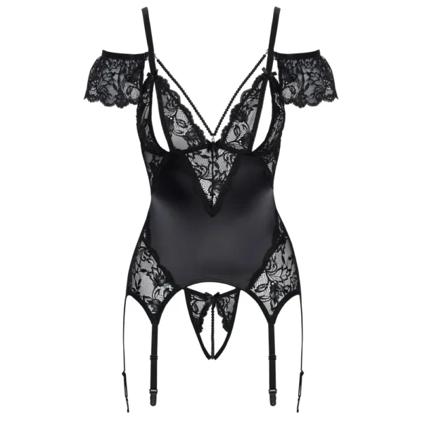 Front view of the Cottelli Lingerie Basque and Crotchless String Set features sheer black lace, off-shoulder lace sleeves, adjustable straps, attached suspender straps, floral lace patterns, and a seductive revealing cut.