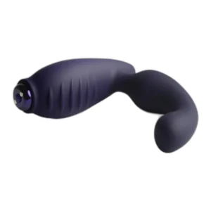 A purple silicone prostate massager with a curved, ergonomic shape and a ridged handle, designed for internal use.