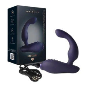 A dark purple, curved prostate massager is shown alongside its retail box and a USB charging cable. The box displays the product name "Nova Sovereign" and highlights features like waterproof, rechargeable, and body safe.
