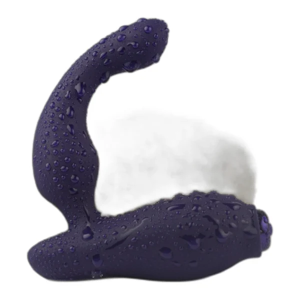 A black, silicone, waterproof prostate massager with water droplets on its surface, shown against a plain white background.