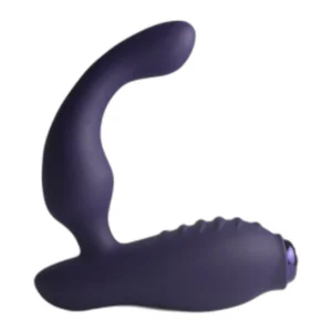 A purple silicone prostate massager with a curved, ergonomic shape and a textured handle, designed for internal and external stimulation.