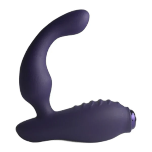 rocks-off-nova-sovereign-prostate-massager-main-2 A purple silicone prostate massager with a curved, ergonomic shape and a textured handle, designed for internal and external stimulation.