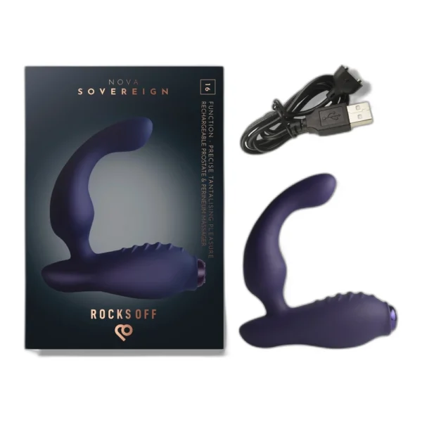 A dark purple prostate massager is shown next to its box, with a USB charging cable above. The box reads "Nova Sovereign" and "Rocks Off." The massager is L-shaped with a bulbous end.
