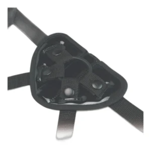 Close-up of a black, triangular harness strap with adjustable webbing, press studs, and metal rings, likely part of a wearable accessory or safety gear, against a white background.