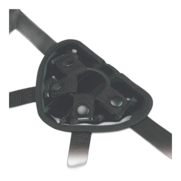 Close-up of a black, triangular harness strap with adjustable webbing, press studs, and metal rings, likely part of a wearable accessory or safety gear, against a white background.