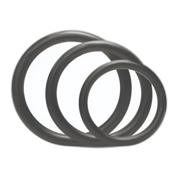 Three black rubber O-rings of different sizes are displayed overlapping each other on a white background.