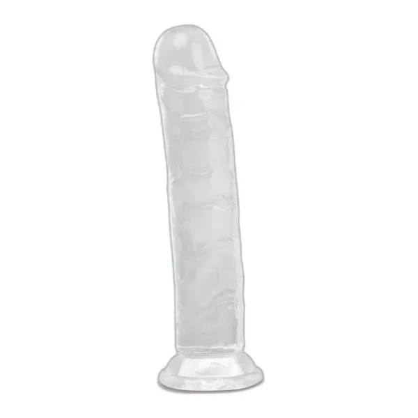 A transparent, realistic-looking silicone dildo with a pronounced head and a flared base, standing upright against a white background.