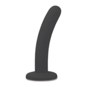A black, curved silicone dildo with a flared base stands upright against a white background.