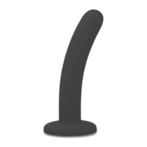A black, curved silicone dildo with a flared base stands upright against a white background.