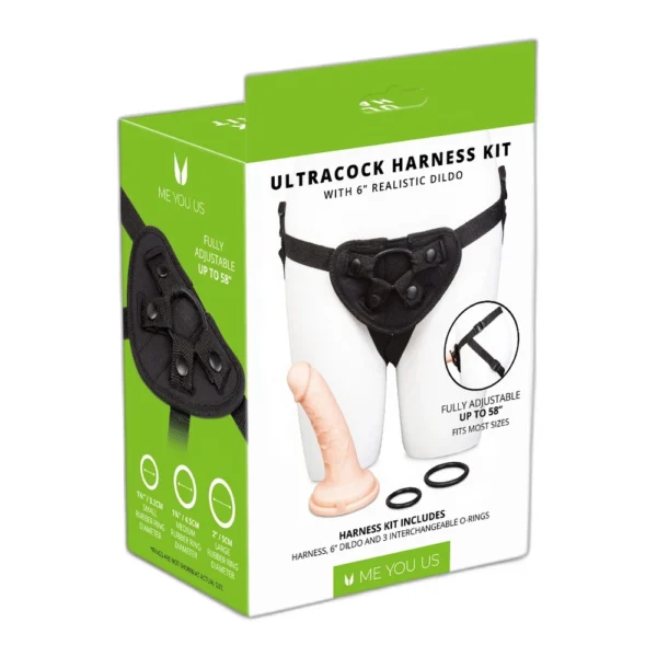A product box labelled "Ultracock Harness Kit" shows a harness worn on a mannequin and a realistic 6-inch dildo beside it. The box is green and white with product features and images of the harness and dildo.