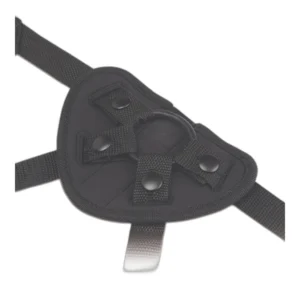 Close-up of a black padded triangular harness attachment with straps and press studs, featuring a central metal D-ring, isolated on a white background.
