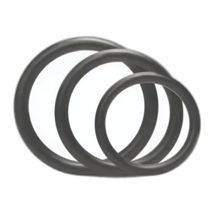 Three black rubber O-rings of different sizes are arranged side by side on a white background, partially overlapping one another.