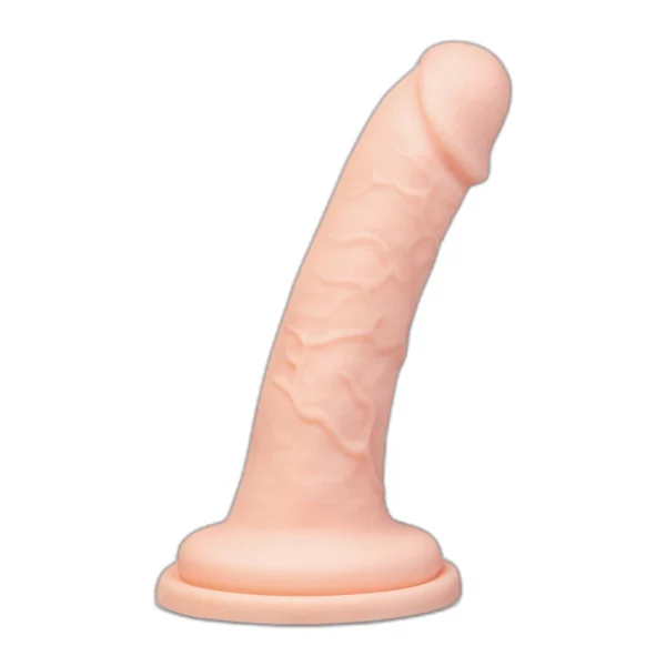 A realistic, flesh-coloured silicone dildo with a veined texture and a suction cup base, standing upright against a white background.