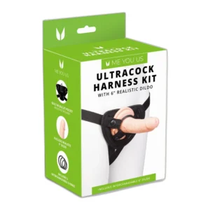Box of the "Ultracock Harness Kit" by Me You Us, featuring a black harness with a 6-inch realistic dildo. The packaging highlights its interchangeable dildo and bullet pocket features.