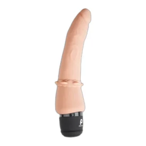A flesh-coloured, curved vibrator with a realistic shape and vein detailing, attached to a black base with a control panel. The background is white.
