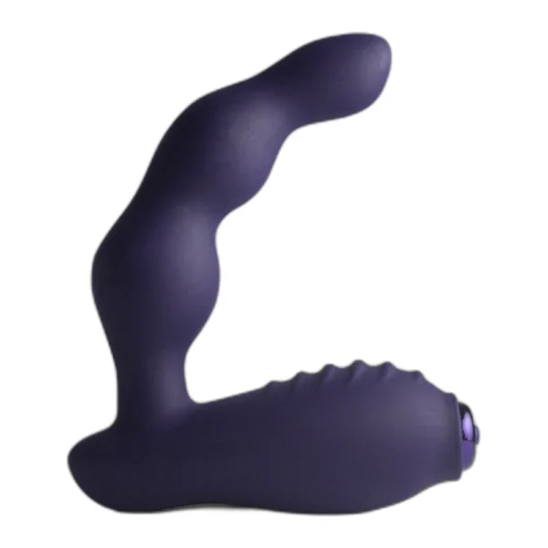 rocks-off-nova-dominion-prostate-massager-main A purple, curved silicone prostate massager with a contoured shaft and a textured handle featuring a button at the base, designed for ergonomic grip and stimulation.