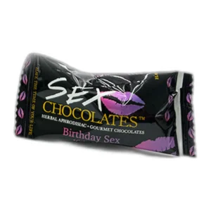 A parcel labelled "Sex Chocolates" with purple lips and the words "Herbal Aphrodisiac - Gourmet Chocolates" and "Birthday Sex" on the wrapper, on a white background.